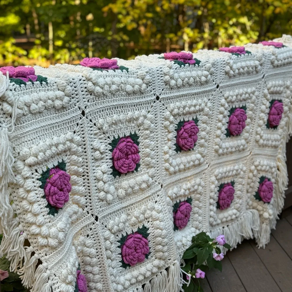 Cream and Rose Popcorn Granny Handmade Crocheted Afghan